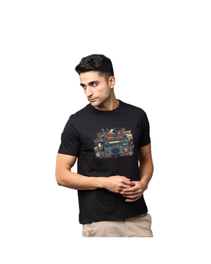 Music Retro Retro Radio Greys and Blues Pima Round Neck T-shirt - Black